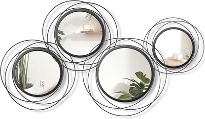 Hicarer 4 Pcs Decorative Round Modern Circle Mirror Wall Art Ring Metal Mirror Wall Mounted for Bedroom, Living Room, Entryway, Dining Room, Hallway (Black)
