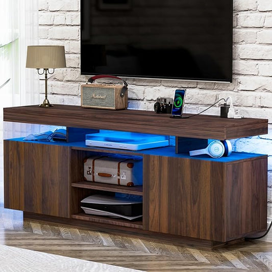 HOMMPA Modern LED TV Stand for 65/60/55 inch TV with Power Outlets, Gaming Console Storage Entertainment Center with LED Lights Game Cabinet for Living Room Walnut