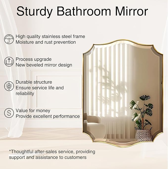 POZINO Scalloped Beveled Mirror, 22"x30" Modern Bathroom Vanity Mirrors for Over Sink, Brushed Gold Rectangle Wavy Mirror for Living Room Bedroom Entryway Fireplace, Hangs Vertically or Horizontally