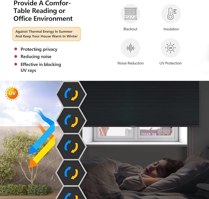 LazBlinds Cordless Cellular Shades, Blackout Privacy Honeycomb Shades for Home, Thermal Insulation Noise Reduction Blinds for Windows, 25'' W x 48'' H, Dark Grey