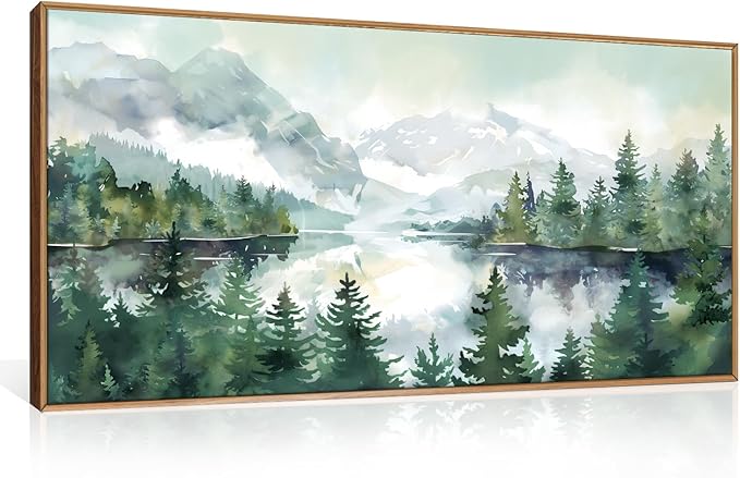 Watercolor Mountain Framed Canvas Wall Art Set, Boho Forest Wall Decor, Nature Green Pines Wall Painting, Forest Wilderness Artwork for Living Room, Bedroom, Dining Room, Office-20 x40 x1