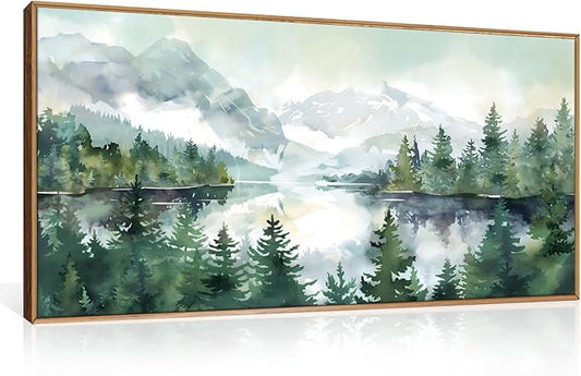 Watercolor Mountain Framed Canvas Wall Art Set, Boho Forest Wall Decor, Nature Green Pines Wall Painting, Forest Wilderness Artwork for Living Room, Bedroom, Dining Room, Office-20 x40 x1