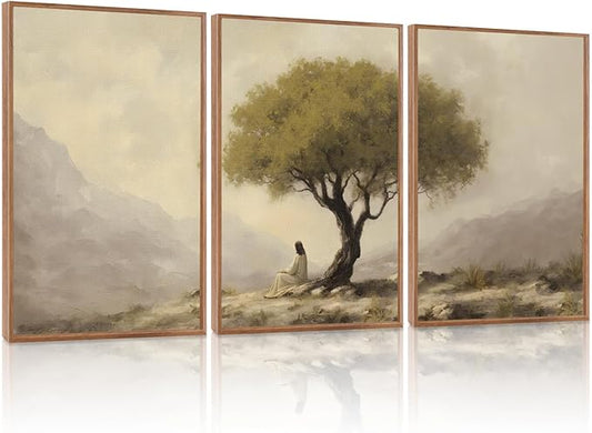 HLNIUC Jesus Sitting Under Olive Tree Canvas Wall Art,Religious Christian Wall Decor(16x24x3),Easter God Bible Story Framed Artwork,Vintage Garden of Gethsemane Prints for Church,Living Room,Bedroom