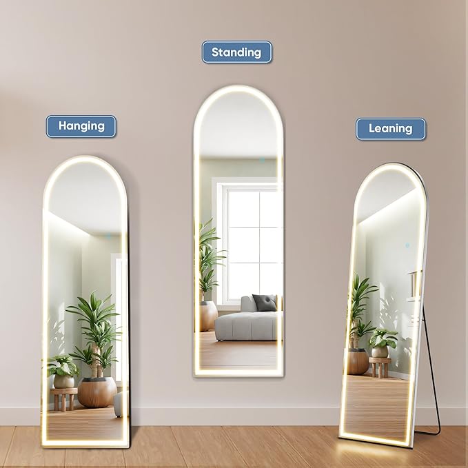 16"×60" Arched LED Full Length Mirror with Stand, Full Body Wall-Mount Mirror with LED Lights 3 Color Lighting, Hanging or Leaning, Floor Standing, Modern Simple Home Wall Decor