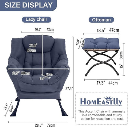 Lazy Chair with Ottoman, Large Navy Accent Chair with Ottoman, Comfy Reading Armchair, Leisure Sofa Chair for Living Room, Bedroom, Dorm Room, Office