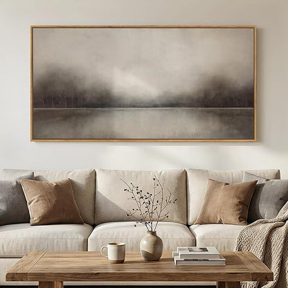 Large Framed Rustic Canvas Wall Art for Living Room, Neutral Abstract Nature Modern Prints Paintings Artwork for Walls, Horizontal Lake Landscape Pictures Wall Decor for Bedroom and Office, 30x60 In