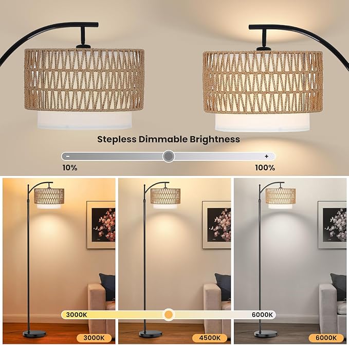 Yusist Arc Floor Lamp for Living Room,Farmhouse Floor Lamps with Remote Control & Dimmable Bulb,Rattan Boho Tall Standing Lamp for Bedroom Office