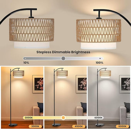 Yusist Arc Floor Lamp for Living Room,Farmhouse Floor Lamps with Remote Control & Dimmable Bulb,Rattan Boho Tall Standing Lamp for Bedroom Office