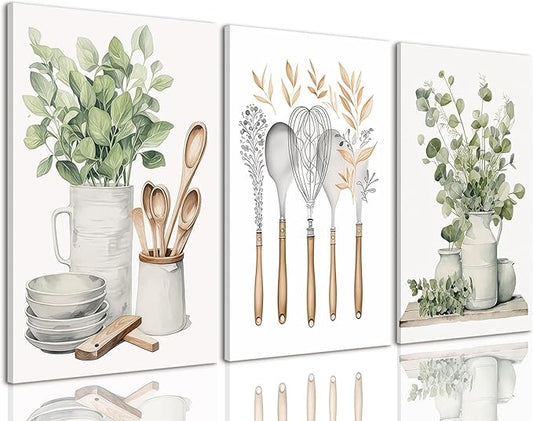 AOYUSMO 3 Piece Canvas Wall Art Kitchen Wall Art Sage Green Pictures Botanical Paintings Farmhouse Artwork Eucalyptus Nature Art Prints for Dining Room 12"x16"