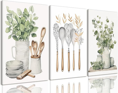 AOYUSMO 3 Piece Canvas Wall Art Kitchen Wall Art Sage Green Pictures Botanical Paintings Farmhouse Artwork Eucalyptus Nature Art Prints for Dining Room 16"x24"