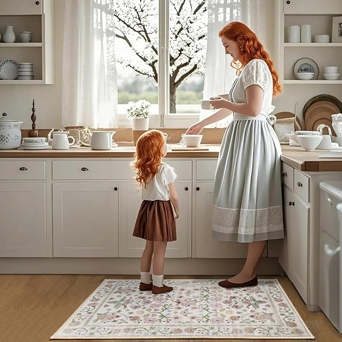 Maxsoft Small 2x3 Rugs for Entryway, Washable Floral Area Rugs for Entrance, Low Pile Thin and Non-Slip Throw Carpet for Kitchen Floor, Front Door Indoor Door Mat, Bathroom, Bedroom Bedside, Pink