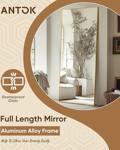 Antok Full Length Mirror, 56"x15" Floor Mirror, Floor Standing Freestanding Full Body Mirror with Stand for Bedroom, Hanging Mounted for Living Room Cloakroom, Gold