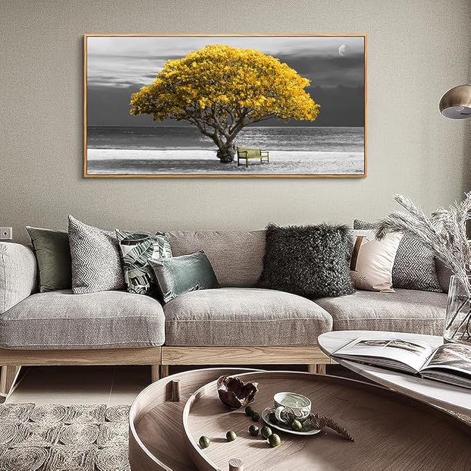 hyidecorart Framed Canvas Wall Art, 30x60in Yellow Trees, Living Room Wall Decor, Natural Wood Frames