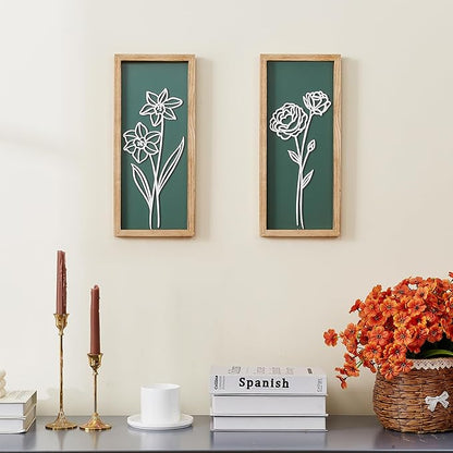 HKBS 3D Wooden Floral Wall Art, Set of 2 Framed Flowers Wall Art Sculptures, Boho Farmhouse Minimalist decor for Bathroom, Bedroom, Living Room, Kitchen or Office Wall Decorations Housewarming Gifts (Green)