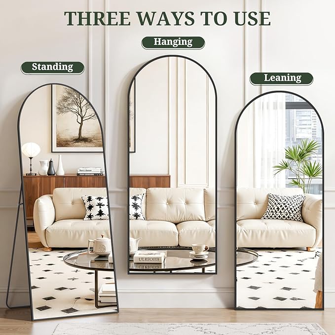 Mirror Full Length 65"x24" Full Body Floor Mirror with Stand, Shatterproof Glass, Aluminum Alloy Frame, Free Standing Wall Mounted or Leaning Arched Mirrors for Bedroom Living Room Entryway