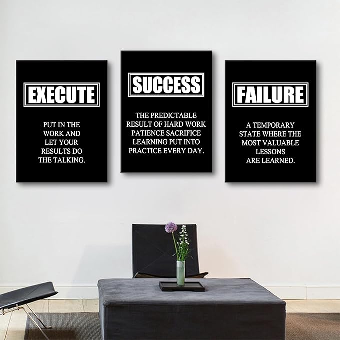 Motivational Poster Success Quote Inspirational Canvas Painting Wall Art Execute Failure Definition 3 Pieces Black Positive Framed Artwork Prints Picture for Living Room Office [36''W X 16''H]