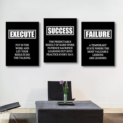 Motivational Poster Success Quote Inspirational Canvas Painting Wall Art Execute Failure Definition 3 Pieces Black Positive Framed Artwork Prints Picture for Living Room Office [36''W X 16''H]