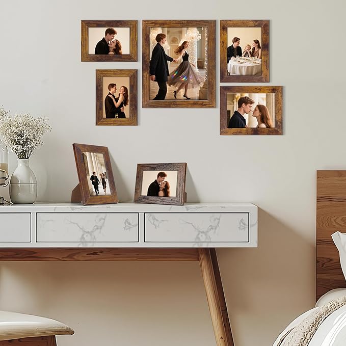 PETAFLOP Gallery Wall Frame Set 7 Pack Distressed Picture Frame Set, One 8x10, Two 5x7, Four 4x6 Picture Frames