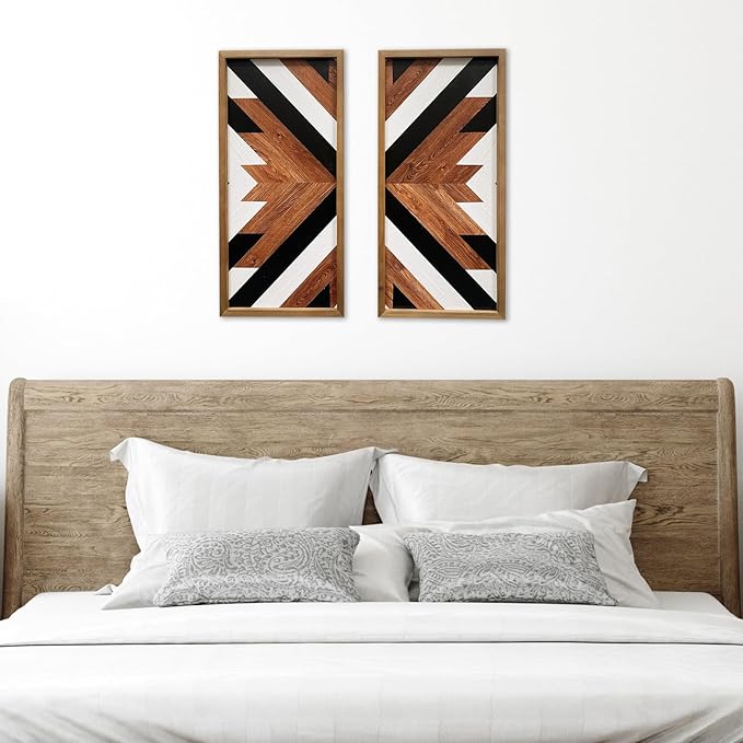 2 Pcs Western Aztec Wall Decor With Wood Framed, 20.9x9.8 Inch Wooden Southwestern Boho Wall Art, Native American Living Room Bedroom Guest Bathroom Rustic Decorations for Home