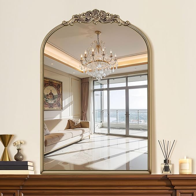 24"x36" Vintage Gold Arched Wall Mirror, Ornate Baroque Metal Frame with Floral Crown, Antique Decorative Mirror for Bathroom, Fireplace, Entryway, Bedroom or Living Room