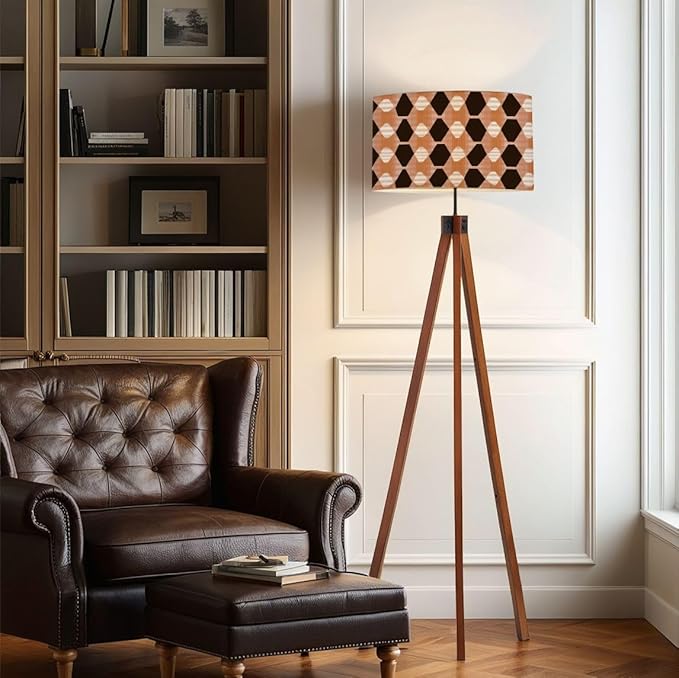 Wood Tripod Floor Lamp Retro seamless pastel brown white elongated diamonds mid century Mid Century Standing Lamp Linen Shade Dimmable Modern Tall lamp Home Decor for Living Room Bedroom Office