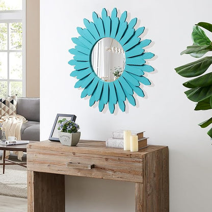 Honiway Beach Wall Decor Mirror 21 inch Wood Coastal Wall Decor Sunburst Boho Home Decor Room Decor for Bedroom Living Room Entryway Cyan