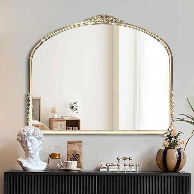OUSHUAI Antique Gold Mirror,Ornate Wide Mirror Decor,Arched Big Mirror for Entryway/Bathroom/Fireplace 37"X29" Champagne Gold