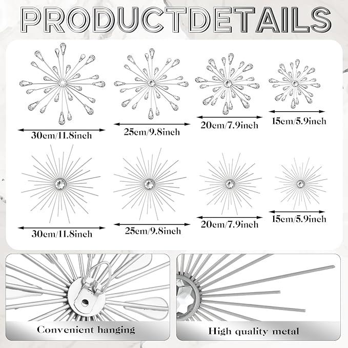 Blulu 8 Pcs Silver Metal Wall Art Cast Iron Starburst Wall Decor Bling Crystal Sculptures Living Room 3D Teardrop Radial Rhinestone Hanging Diamond Accents for Home Office Bedroom Entryway