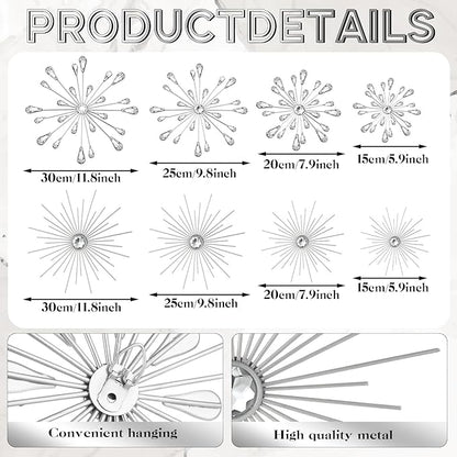Blulu 8 Pcs Silver Metal Wall Art Cast Iron Starburst Wall Decor Bling Crystal Sculptures Living Room 3D Teardrop Radial Rhinestone Hanging Diamond Accents for Home Office Bedroom Entryway