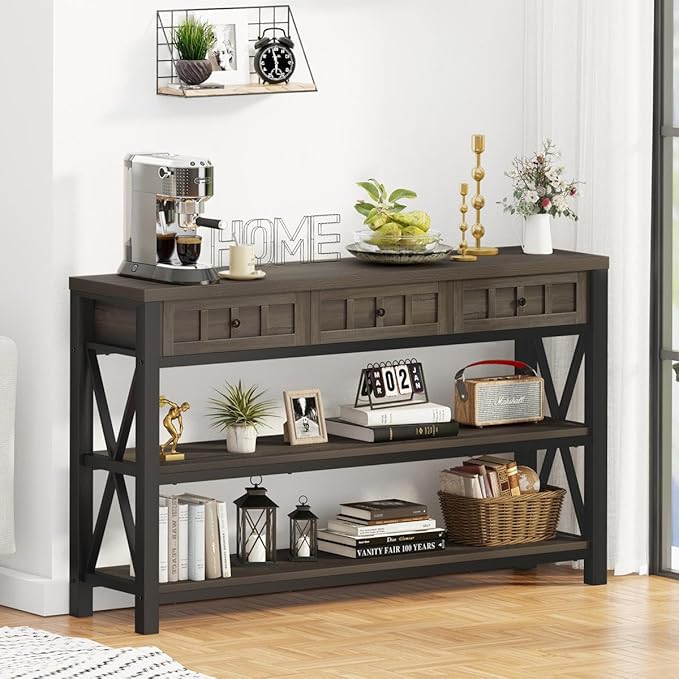 FATORRI Console Table with Storage for Entryway, Rustic Sofa Table with 3 Drawers for Living Room, Farmhouse Hallway Tables and Couch Tables Behind Sofa (54.72 Inch Long, Walnut Brown)