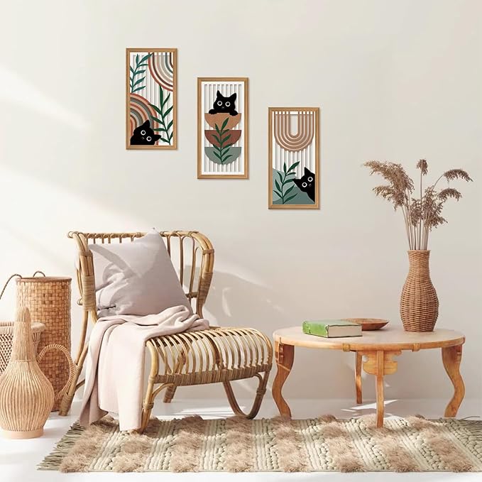 IARTTOP Black Cat Wall Art 3 Pcs Boho Mid Century Modern Wood Wall Decor Abstract Geometric Bohemian Cat Hanging Decor for Farmhouse Bedroom Living Room 7.9 x 15.8 Inch