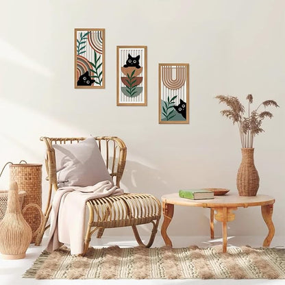 IARTTOP Black Cat Wall Art 3 Pcs Boho Mid Century Modern Wood Wall Decor Abstract Geometric Bohemian Cat Hanging Decor for Farmhouse Bedroom Living Room 7.9 x 15.8 Inch