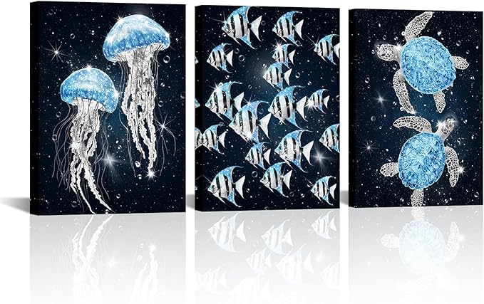 sechars Ocean Sea Life Wall Art Jellyfish Tropical Fish and Sea Turtles Pictures Modern Bathroom Nautical Decor (Blue)