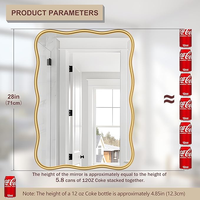 PROHOMEWARE 20 * 28" Gold Wavy Rectangular Vanity Bathroom Mirror for Wall Mounted Bedroom Entryway Living Room Farmhouse