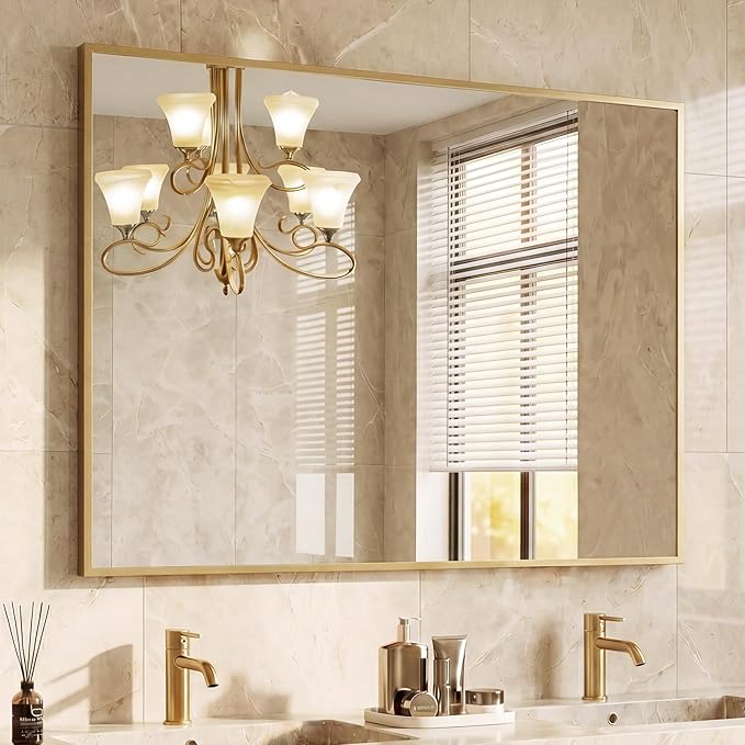 NEWBULIG 30" x 40" Gold Rectangle Bathroom Mirror for Wall, Morden Wall Mirror with Metal Frame, Tempered Glass, Vanity Mirror for Over Sink, Entryway, Living Room, Anti-Rust, Horizontal or Vertical