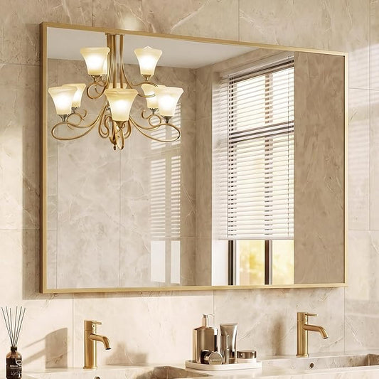 NEWBULIG 30" x 40" Gold Rectangle Bathroom Mirror for Wall, Morden Wall Mirror with Metal Frame, Tempered Glass, Vanity Mirror for Over Sink, Entryway, Living Room, Anti-Rust, Horizontal or Vertical