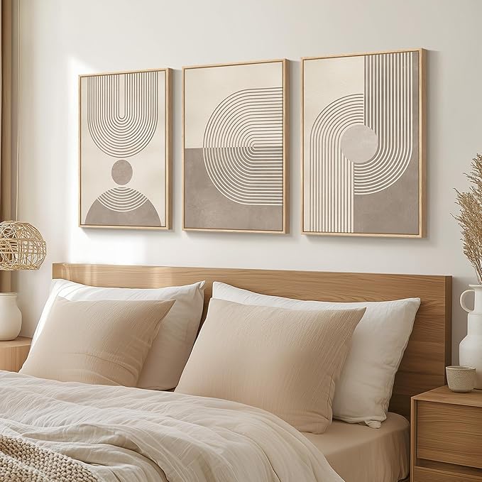 Framed Neutral Modern Minimalist Wall Art for Living Room, 3 Piece Boho Abstract Canvas Prints Artwork for Walls, Mid Century Boho Neutral Geometric Paintings for Bedroom Hallway Wall Decor, 16x24 In