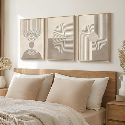 Framed Neutral Modern Minimalist Wall Art for Living Room, 3 Piece Boho Abstract Canvas Prints Artwork for Walls, Mid Century Boho Neutral Geometric Paintings for Bedroom Hallway Wall Decor, 16x24 In