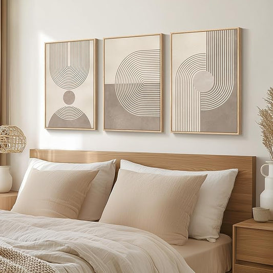 Framed Neutral Modern Minimalist Wall Art for Living Room, 3 Piece Boho Abstract Canvas Prints Artwork for Walls, Mid Century Boho Neutral Geometric Paintings for Bedroom Hallway Wall Decor, 16x24 In