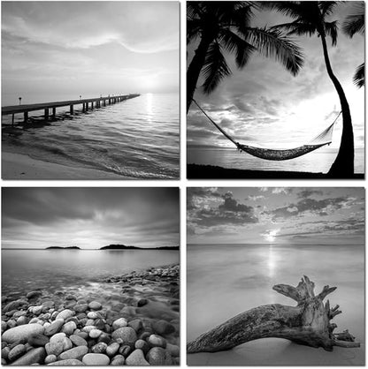 sechars - Black and White Beach Pictures Wall Art Sunrise on Sea Scenery Painting Giclee Canvas Print Stretched for Bathroom Room Living Room Office Wall Decoration