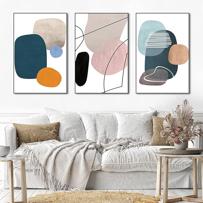 MPLONG Aesthetic Wall Art Large size 24" x 32" x 3 Panels Of Framed Decorative Paintings Abstract Simple Orange White Blue And Other Color Blocks Wall Art Canvas Prints Nature Home Decor