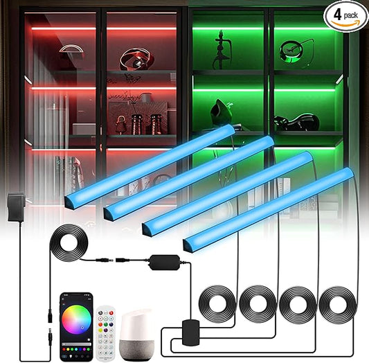 Black RGB LED Shelf Lights, Smart Bookshelf Lights Compatible with Alexa WiFi Dimmable for Display Case, Bookcase, Bar, Cabinet and Under Shelf with App, Remote, Memory Function (4Pcs 12.5In)