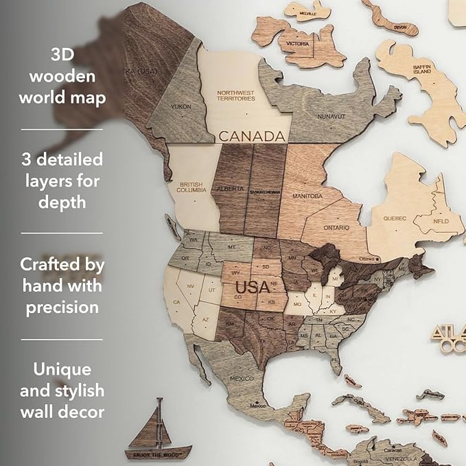 Enjoy The Wood 3D Wooden World Map Wall Art - Large Travel Map with Pins for Art Decor - Decorative Map of the World for Home, Office - Travel Wall Art Housewarming Gift Idea (Smokey, XL, Unframed)