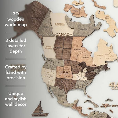 Enjoy The Wood 3D Wooden World Map Wall Art - Large Travel Map with Pins for Art Decor - Decorative Map of the World for Home, Office - Travel Wall Art Housewarming Gift Idea (Smokey, M, Unframed)