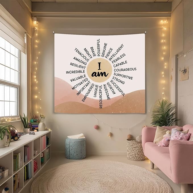 Soft Flannel Wall Tapestry – I Am Kind ,I Am Strong Inspirational Tapestry,Boho Wall Hanging Decor for Bedroom Living Room Kids Room Decor,Birthday Party Wall Art Decoration 59x51 inch (Colorful-You are kind) (Orange-I am)