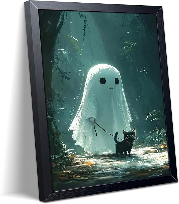 Yaneiro Halloween Ghost Wall Art Canvas Framed Poster Painting Print Picture, Cute Ghost Walking Black Cat Artwork, Spooky Aesthetic Decor for Bedroom Living Room Kids Room Home 16x24 Inch