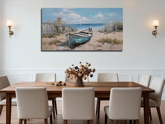 Ardemy Boat Canvas Wall Art Nautical Art Wall Decor for Living Room, Blue Teal Bedroom Picture Textured Beach Painting Framed Artwork Dining Room Home Office Kitchen, Large 40"x20"