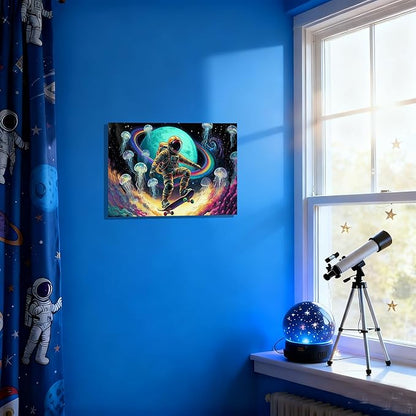 12x16 Framed Space Astronaut Skateboard Canvas Wall Art Colorful Galaxy Print with Jellyfish Rainbow Cosmic Teen Boys Room Fantasy Decor Kid Bedroom Funny Earth Poster Child Study Room Office Picture