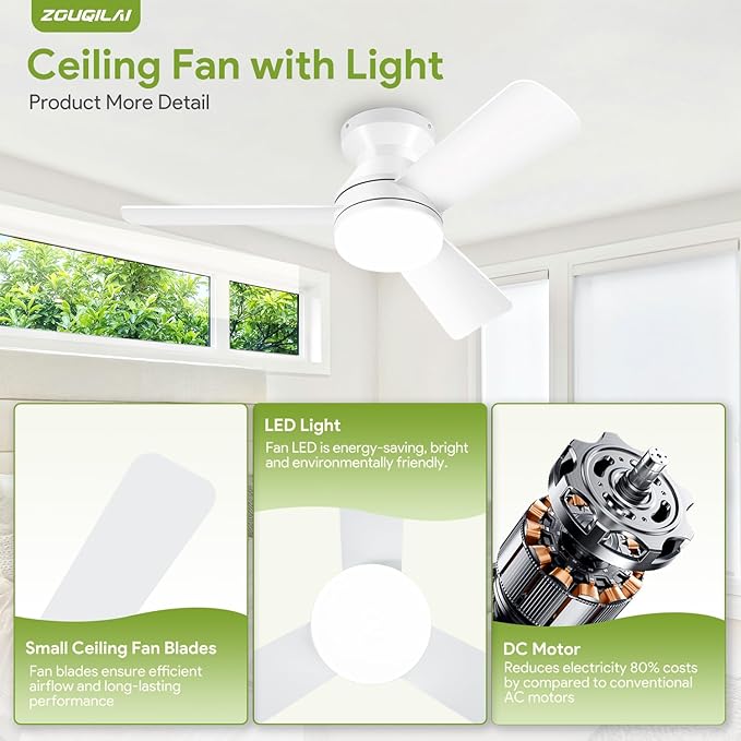 35" White Ceiling Fans with Lights and Remote, Low Profile Ceiling Fan with Light, Reversible DC Motors, 3CCT Dimmable Timer Noiseless, Flush Mount Ceiling Fan for Bedroom/Living Room
