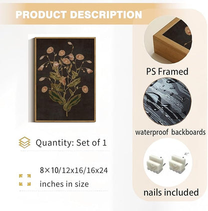 WALLZK Vintage Framed Wall Art Botanical Canvas Prints Painting Dark Moody Floral Wall Decor Retro Wildflower Pictures Artwork for Walls Living Room Bedroom Bathroom 16"x24"